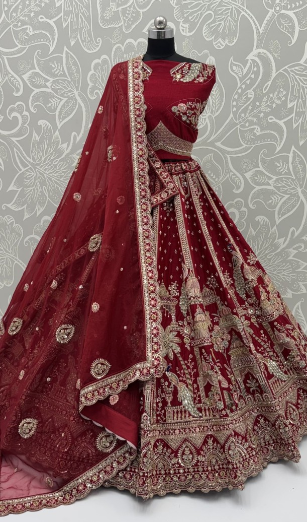 Maroon Bridal Cutdana-Work Embroidered Ethinc Motif Semi-Stitched Lehenga Choli